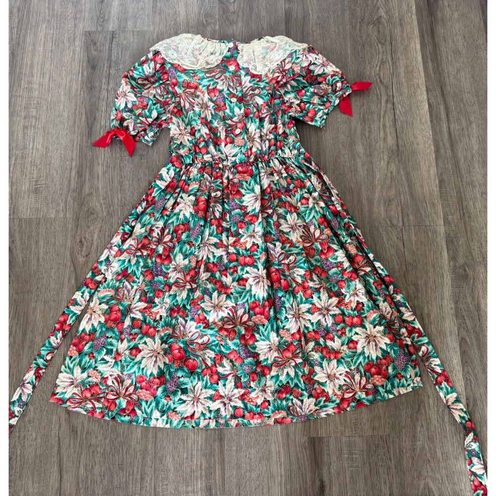 Vintage Carrousel Girls Size 10 Christmas Dress Made USA Lace Collar Cottagecore - Picture 12 of 16